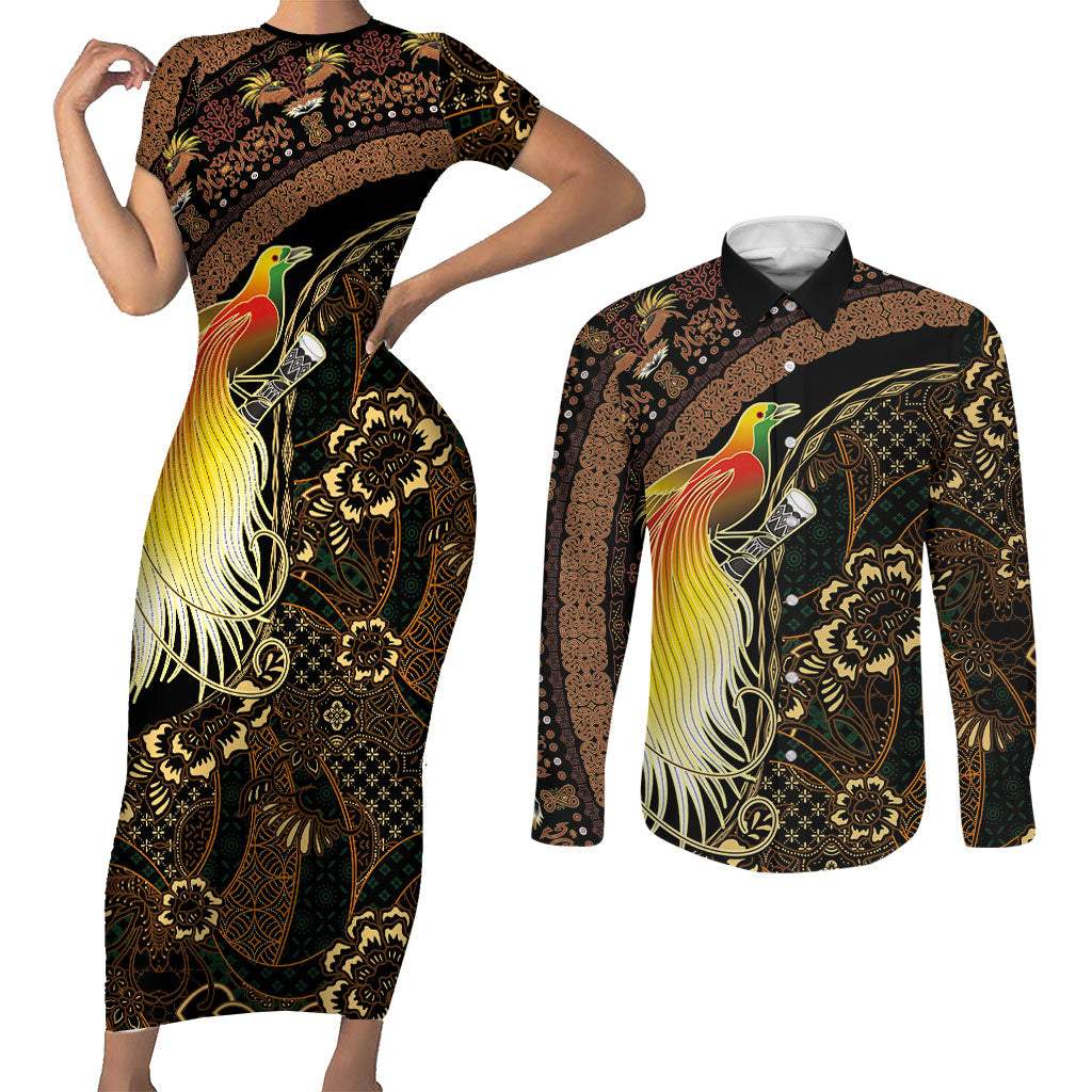 Papua New Guinea and Indonesia Batik Couples Matching Short Sleeve Bodycon Dress and Long Sleeve Button Shirt Bird of Paradise with Tribal Batik Patterns