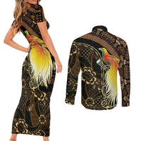Papua New Guinea and Indonesia Batik Couples Matching Short Sleeve Bodycon Dress and Long Sleeve Button Shirt Bird of Paradise with Tribal Batik Patterns