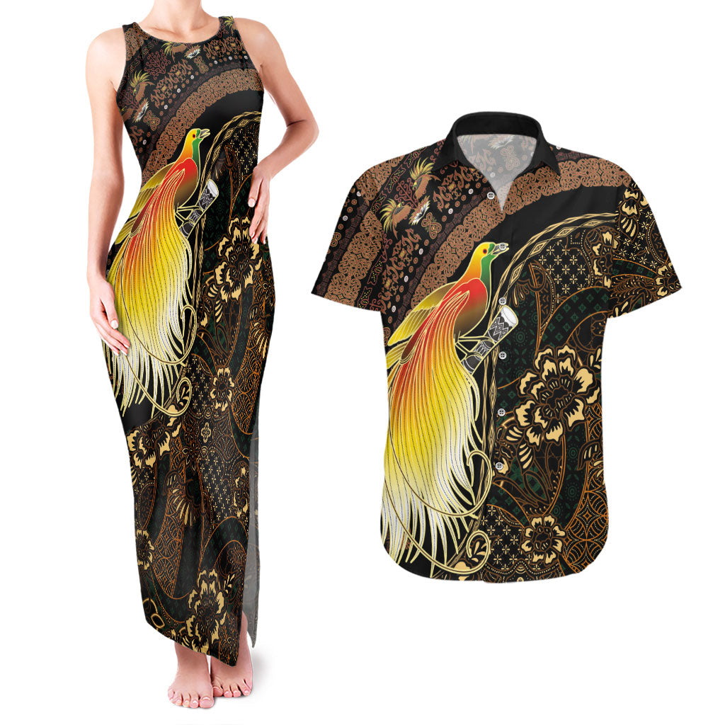 Papua New Guinea and Indonesia Batik Couples Matching Tank Maxi Dress and Hawaiian Shirt Bird of Paradise with Tribal Batik Patterns