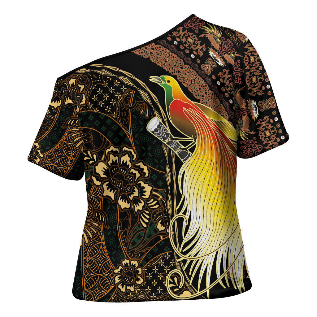 Papua New Guinea and Indonesia Batik Cross Shoulder Shirt Bird of Paradise with Tribal Batik Patterns