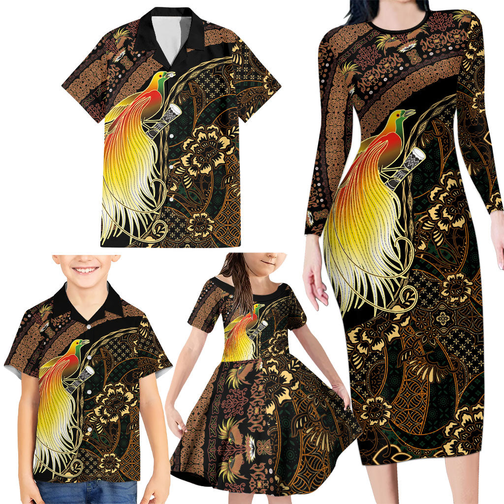 Papua New Guinea and Indonesia Batik Family Matching Long Sleeve Bodycon Dress and Hawaiian Shirt Bird of Paradise with Tribal Batik Patterns
