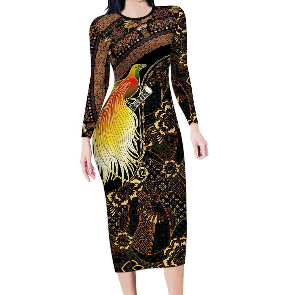 Papua New Guinea and Indonesia Batik Family Matching Long Sleeve Bodycon Dress and Hawaiian Shirt Bird of Paradise with Tribal Batik Patterns