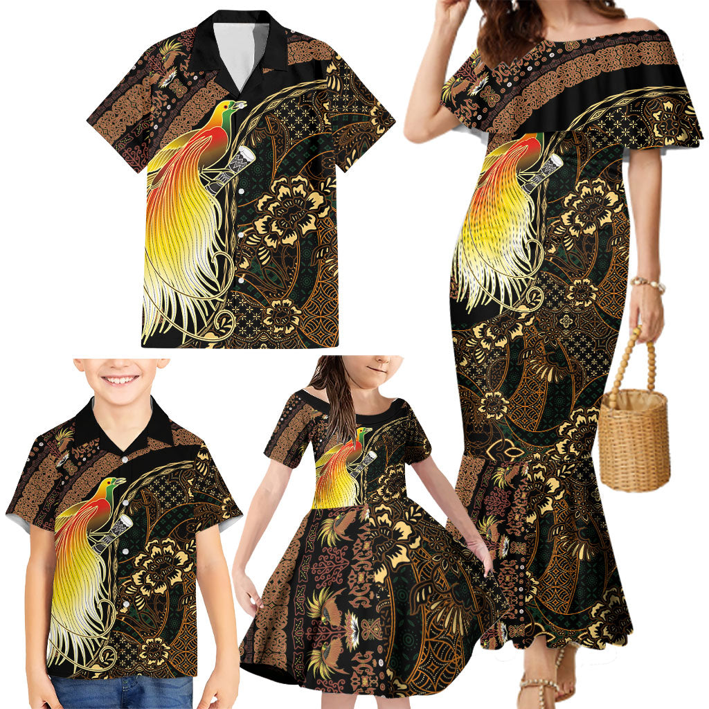 Papua New Guinea and Indonesia Batik Family Matching Mermaid Dress and Hawaiian Shirt Bird of Paradise with Tribal Batik Patterns