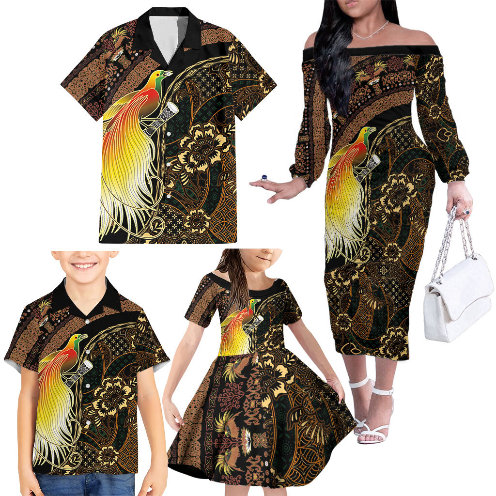 Papua New Guinea and Indonesia Batik Family Matching Off The Shoulder Long Sleeve Dress and Hawaiian Shirt Bird of Paradise with Tribal Batik Patterns