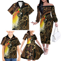 Papua New Guinea and Indonesia Batik Family Matching Off The Shoulder Long Sleeve Dress and Hawaiian Shirt Bird of Paradise with Tribal Batik Patterns