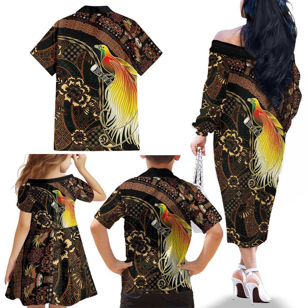 Papua New Guinea and Indonesia Batik Family Matching Off The Shoulder Long Sleeve Dress and Hawaiian Shirt Bird of Paradise with Tribal Batik Patterns