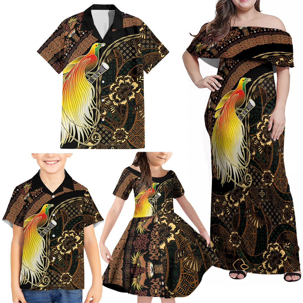 Papua New Guinea and Indonesia Batik Family Matching Off Shoulder Maxi Dress and Hawaiian Shirt Bird of Paradise with Tribal Batik Patterns