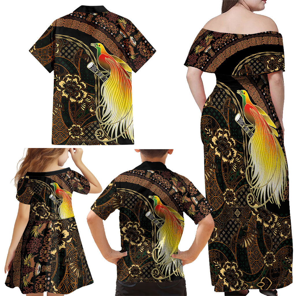 Papua New Guinea and Indonesia Batik Family Matching Off Shoulder Maxi Dress and Hawaiian Shirt Bird of Paradise with Tribal Batik Patterns