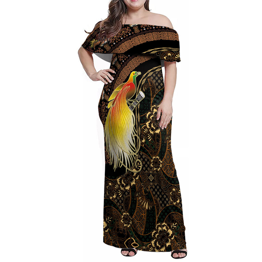Papua New Guinea and Indonesia Batik Family Matching Off Shoulder Maxi Dress and Hawaiian Shirt Bird of Paradise with Tribal Batik Patterns