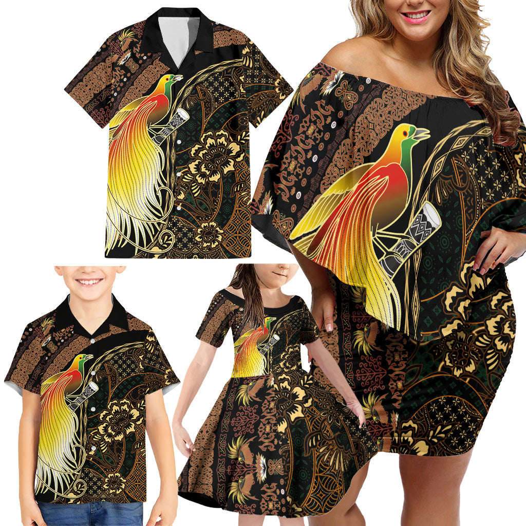 Papua New Guinea and Indonesia Batik Family Matching Off Shoulder Short Dress and Hawaiian Shirt Bird of Paradise with Tribal Batik Patterns