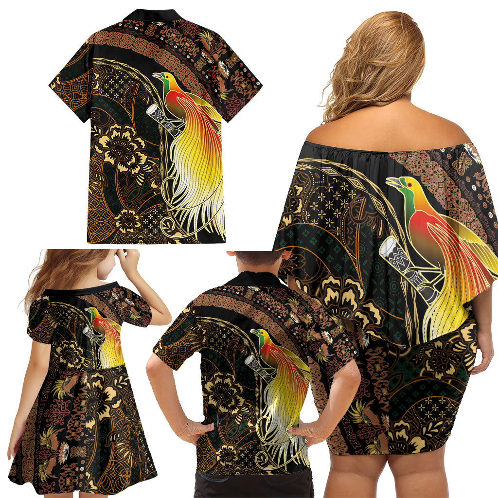 Papua New Guinea and Indonesia Batik Family Matching Off Shoulder Short Dress and Hawaiian Shirt Bird of Paradise with Tribal Batik Patterns
