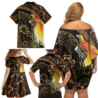 Papua New Guinea and Indonesia Batik Family Matching Off Shoulder Short Dress and Hawaiian Shirt Bird of Paradise with Tribal Batik Patterns