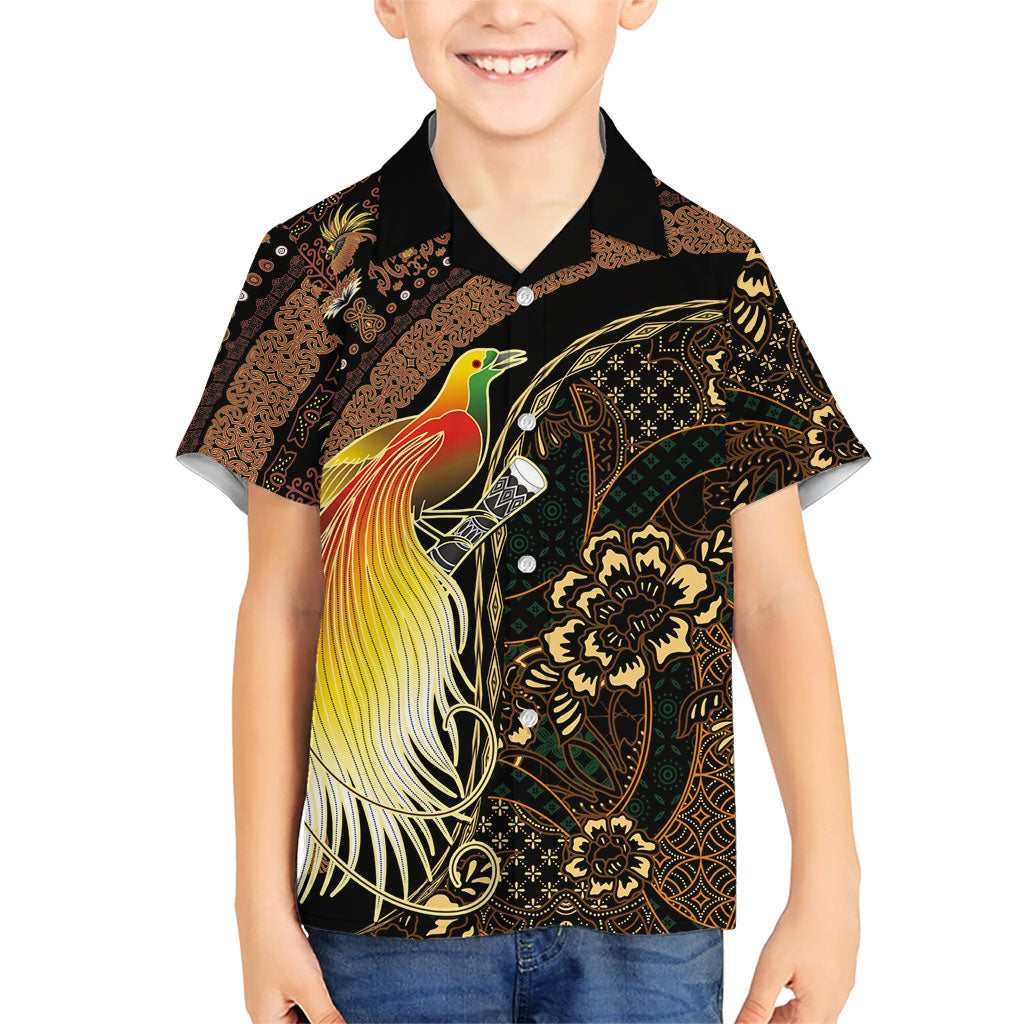 Papua New Guinea and Indonesia Batik Family Matching Off Shoulder Short Dress and Hawaiian Shirt Bird of Paradise with Tribal Batik Patterns