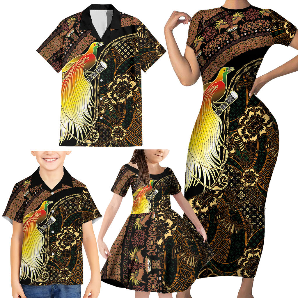 Papua New Guinea and Indonesia Batik Family Matching Short Sleeve Bodycon Dress and Hawaiian Shirt Bird of Paradise with Tribal Batik Patterns