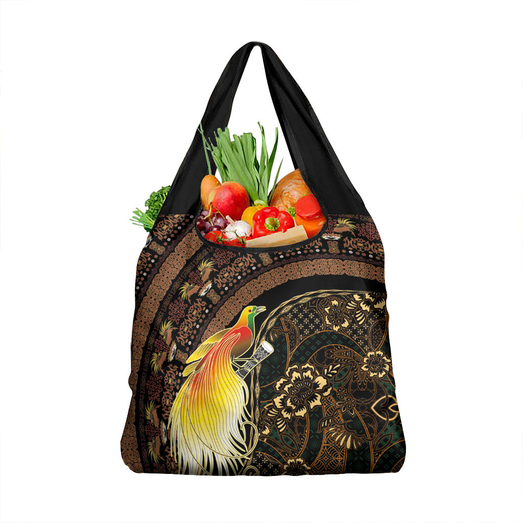 Papua New Guinea and Indonesia Batik Grocery Bag Bird of Paradise with Tribal Batik Patterns