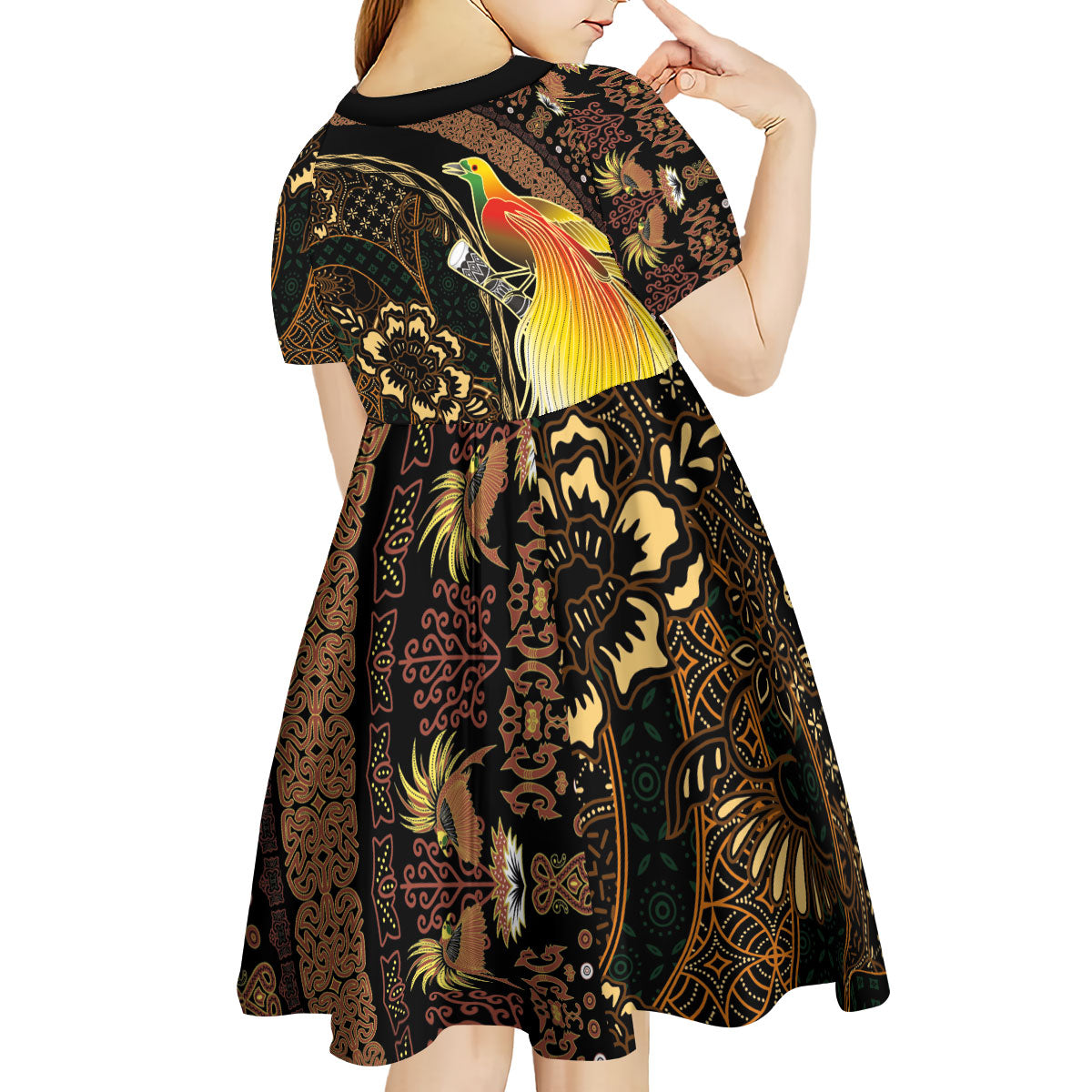 Papua New Guinea and Indonesia Batik Kid Short Sleeve Dress Bird of Paradise with Tribal Batik Patterns