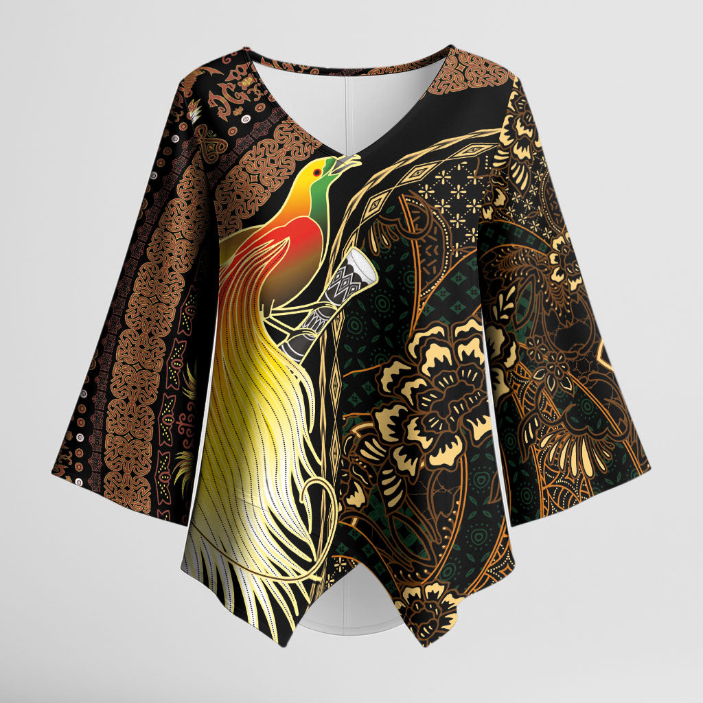 Papua New Guinea and Indonesia Batik Kimono Sleeve Blouse Bird of Paradise with Tribal Batik Patterns