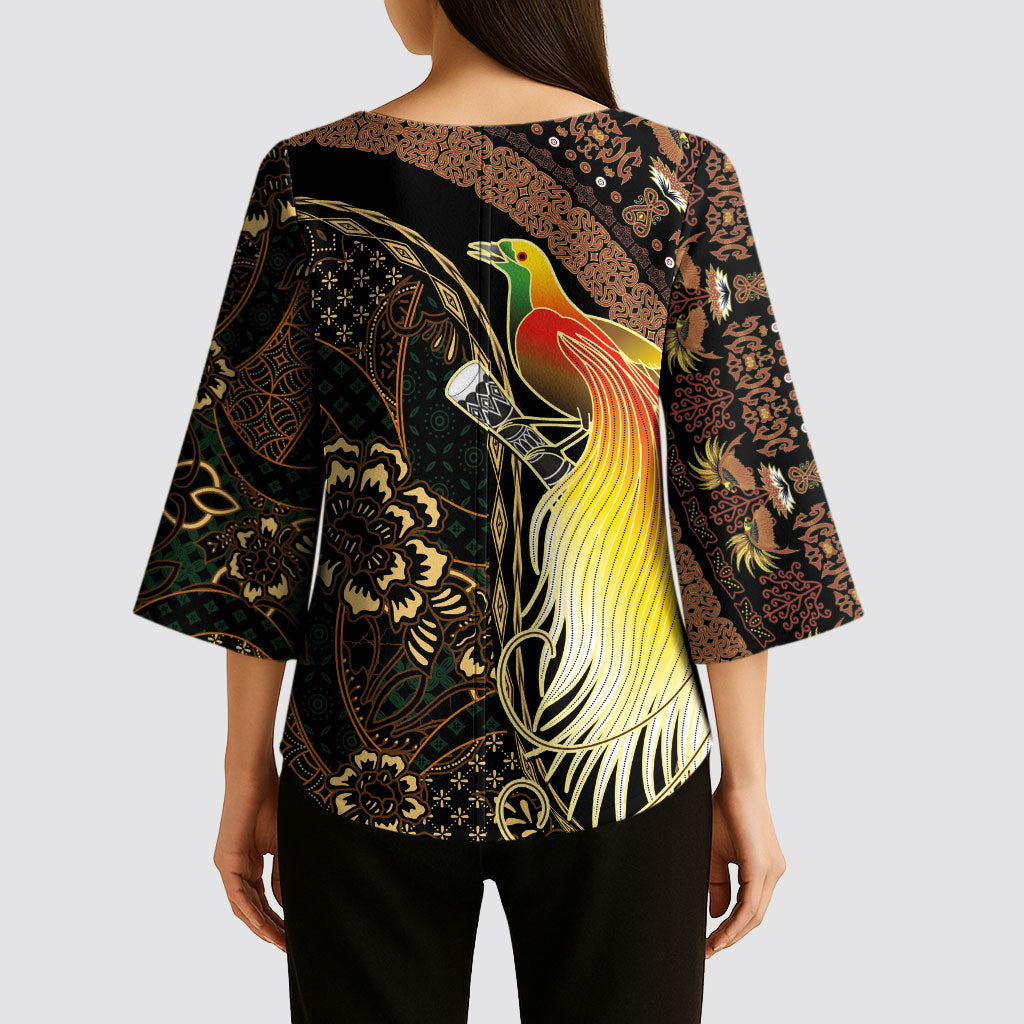 Papua New Guinea and Indonesia Batik Kimono Sleeve Blouse Bird of Paradise with Tribal Batik Patterns