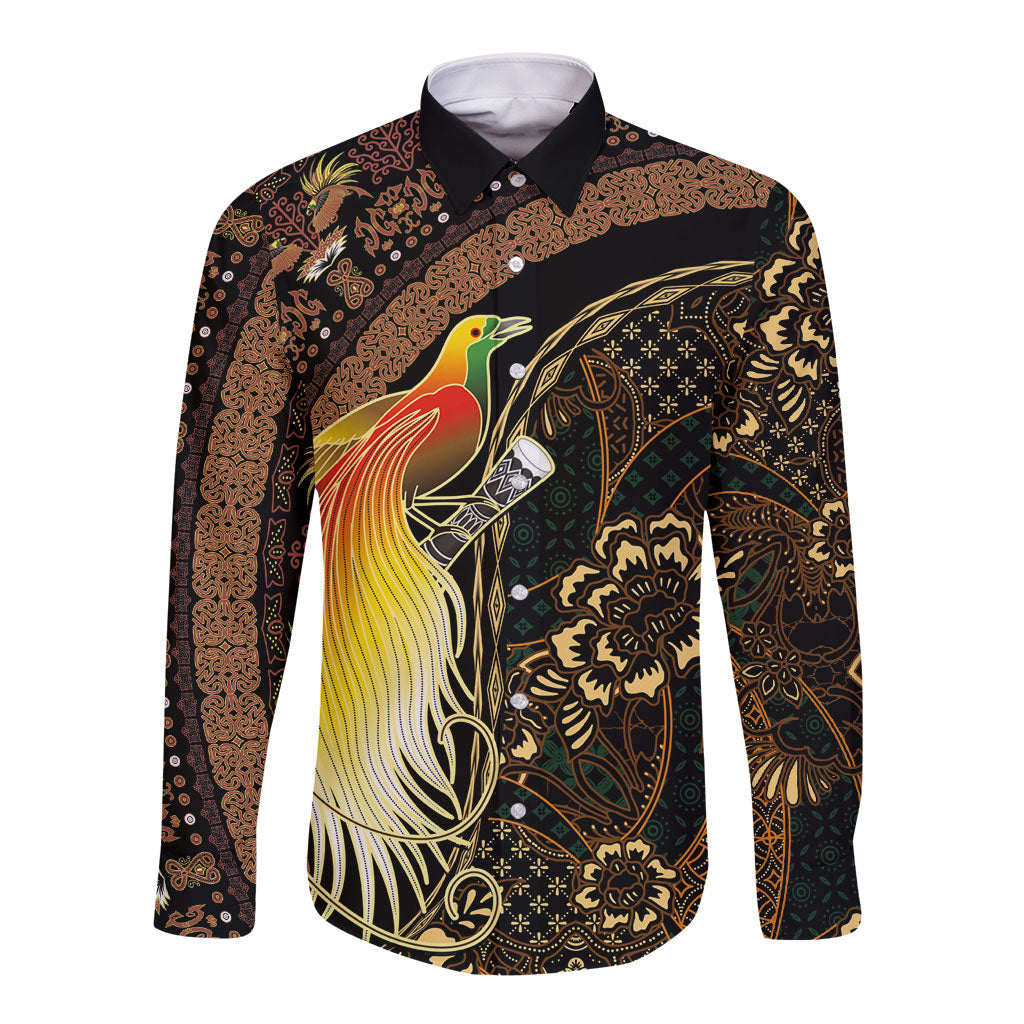 Papua New Guinea and Indonesia Batik Long Sleeve Button Shirt Bird of Paradise with Tribal Batik Patterns LT03 Unisex Multicolor - Polynesian Pride