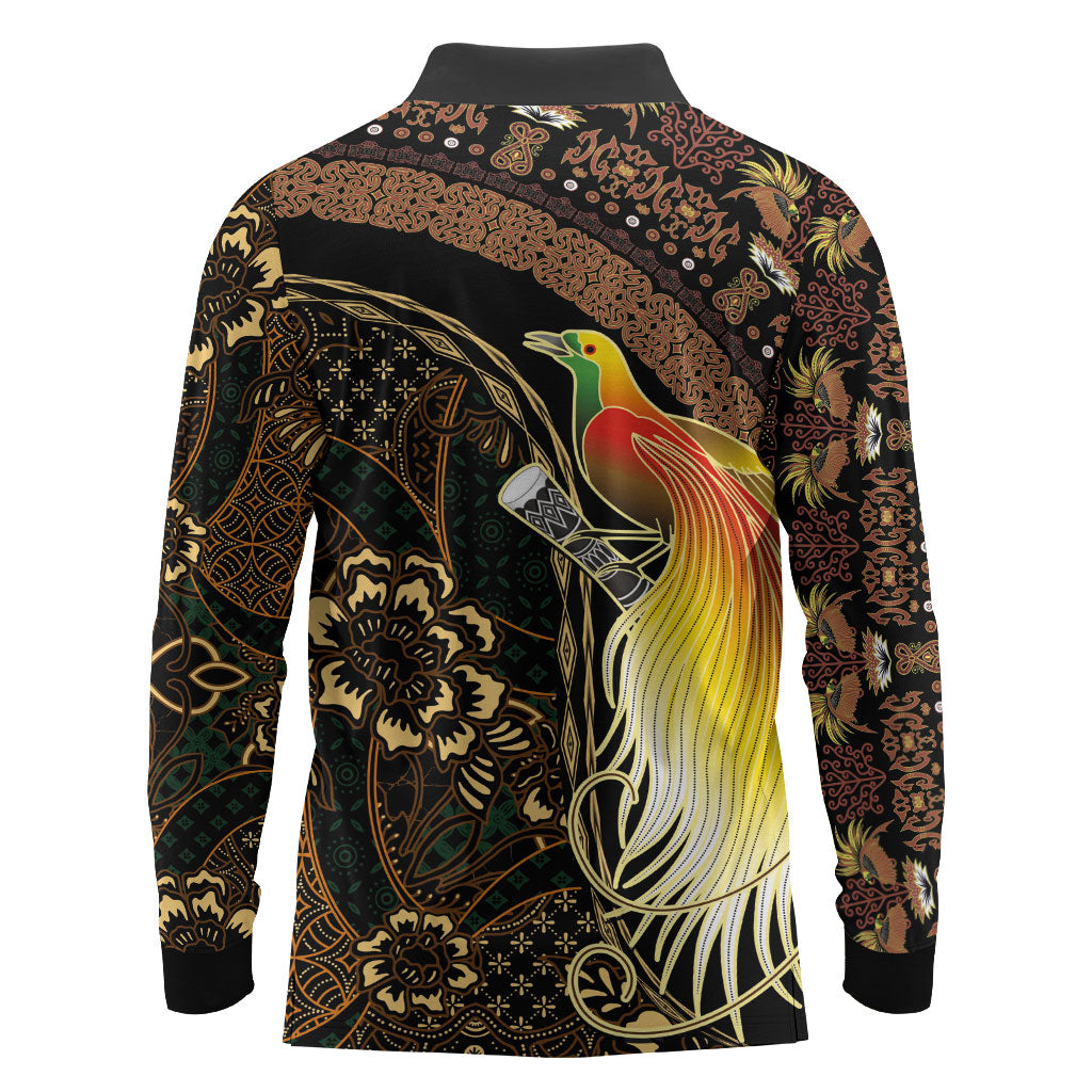 Papua New Guinea and Indonesia Batik Long Sleeve Polo Shirt Bird of Paradise with Tribal Batik Patterns