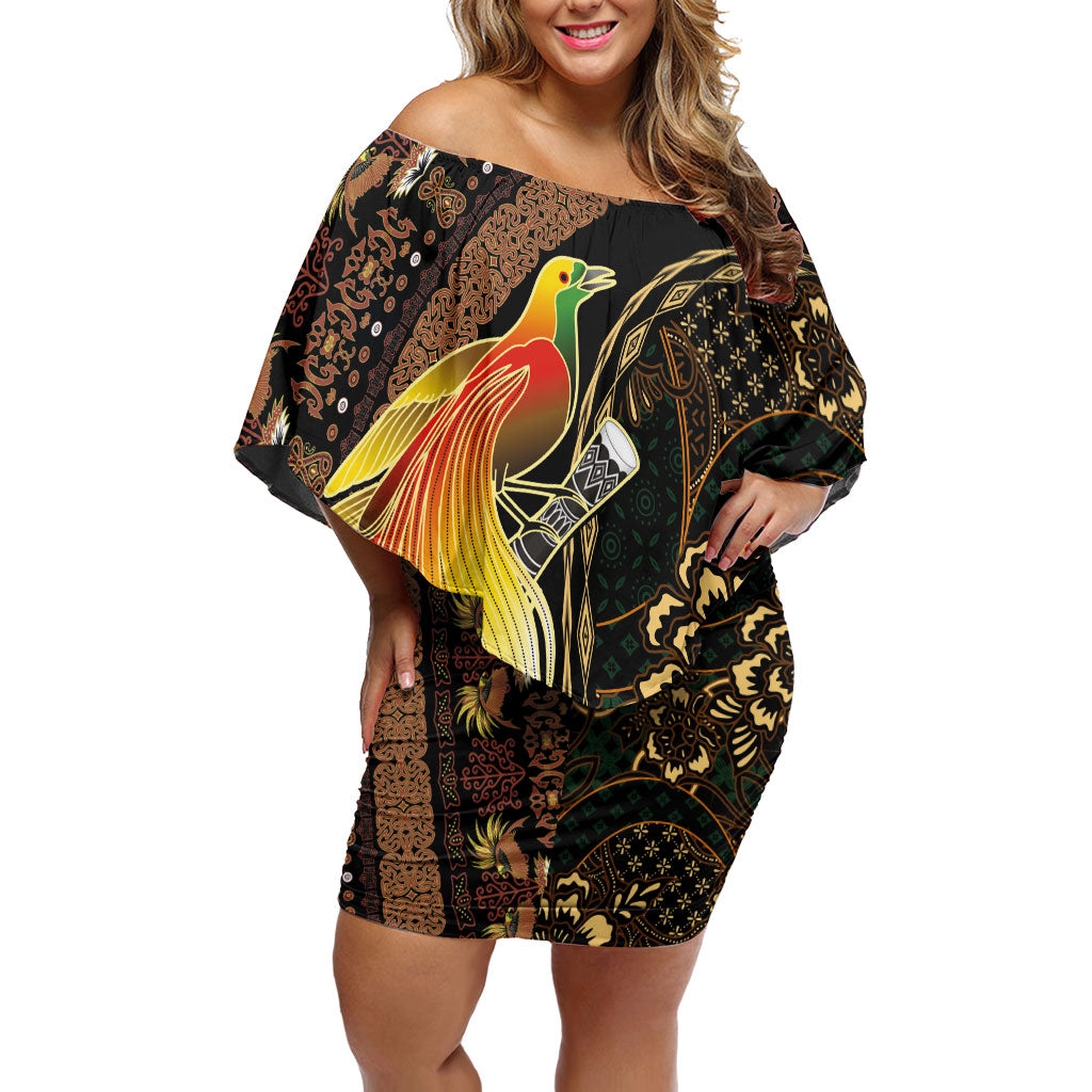 Papua New Guinea and Indonesia Batik Off Shoulder Short Dress Bird of Paradise with Tribal Batik Patterns