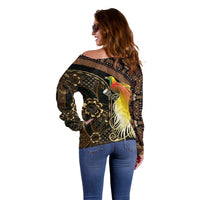 Papua New Guinea and Indonesia Batik Off Shoulder Sweater Bird of Paradise with Tribal Batik Patterns