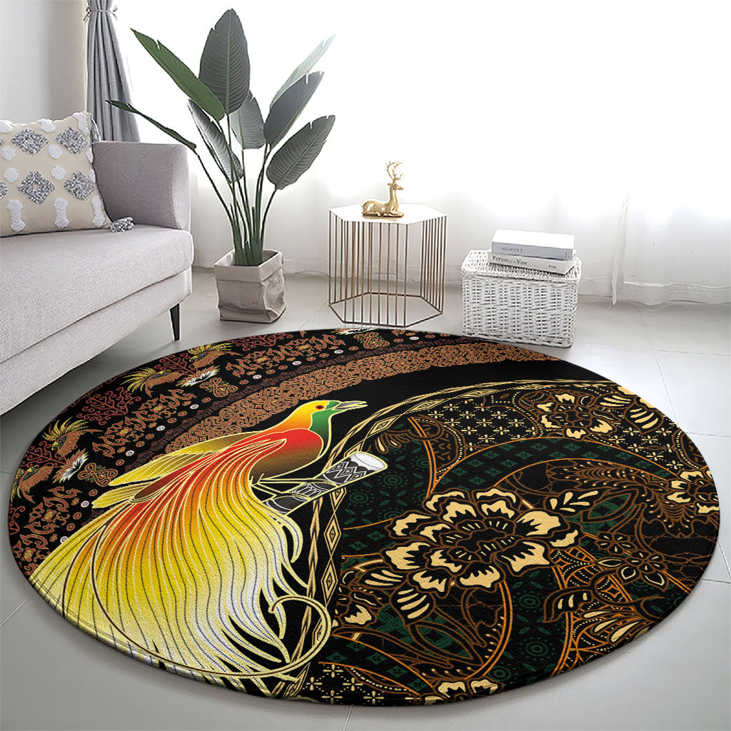 Papua New Guinea and Indonesia Batik Round Carpet Bird of Paradise with Tribal Batik Patterns