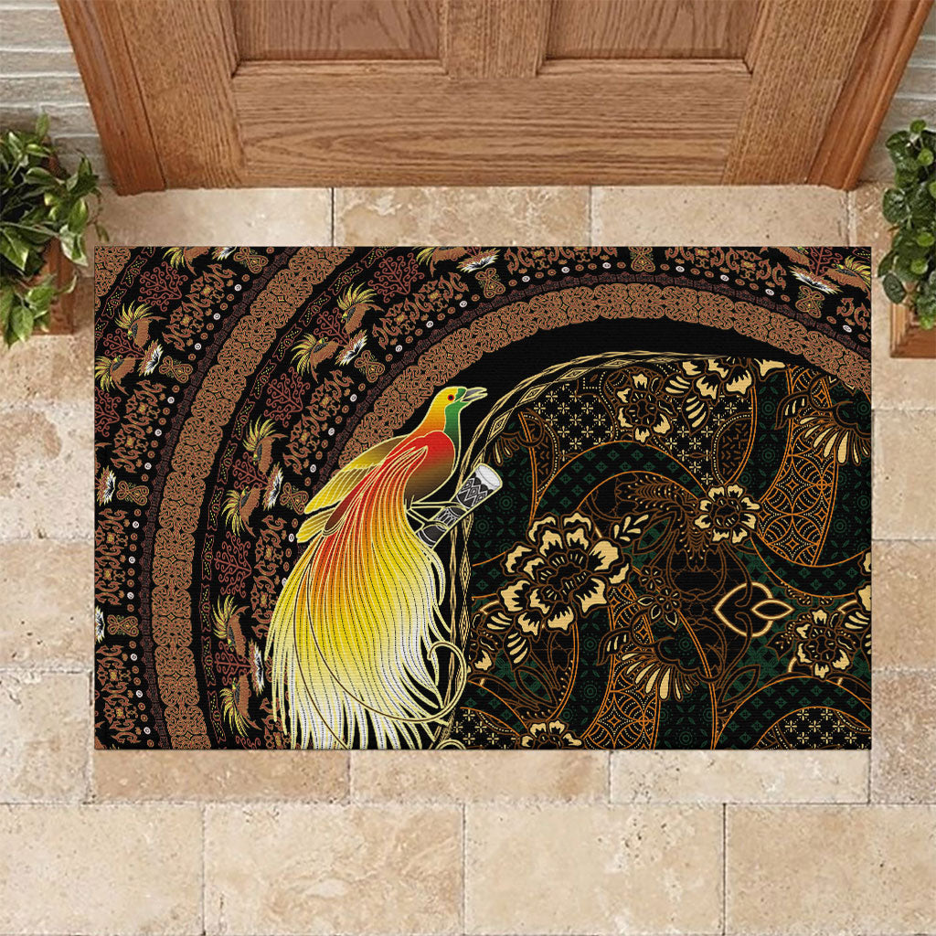 Papua New Guinea and Indonesia Batik Rubber Doormat Bird of Paradise with Tribal Batik Patterns