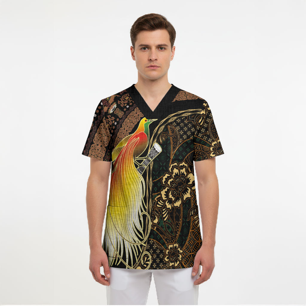 Papua New Guinea and Indonesia Batik Scrub Top Bird of Paradise with Tribal Batik Patterns