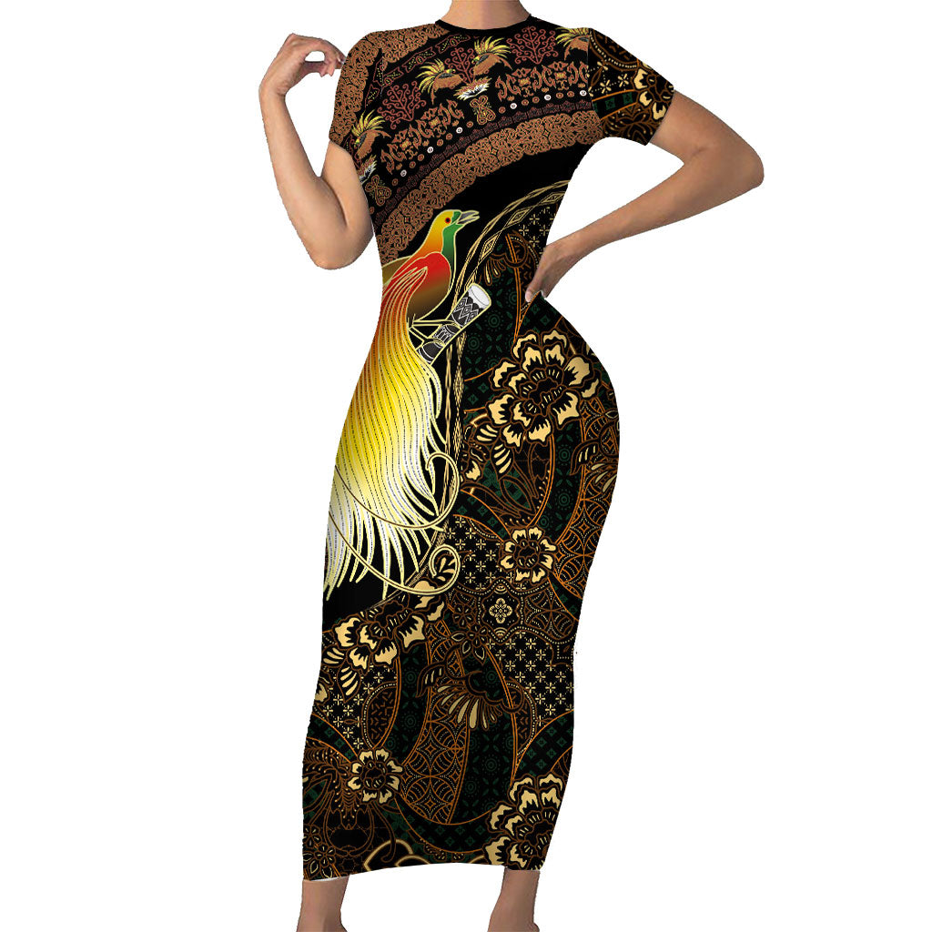 Papua New Guinea and Indonesia Batik Short Sleeve Bodycon Dress Bird of Paradise with Tribal Batik Patterns LT03 Long Dress Multicolor - Polynesian Pride