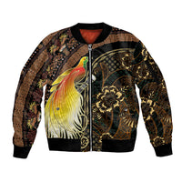 Papua New Guinea and Indonesia Batik Sleeve Zip Bomber Jacket Bird of Paradise with Tribal Batik Patterns