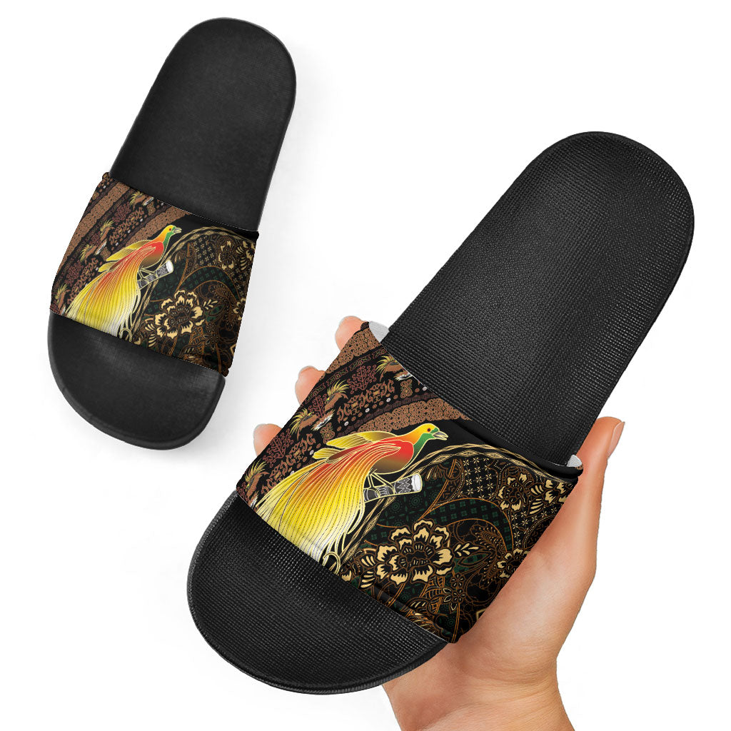 Papua New Guinea and Indonesia Batik Slide Sandals Bird of Paradise with Tribal Batik Patterns