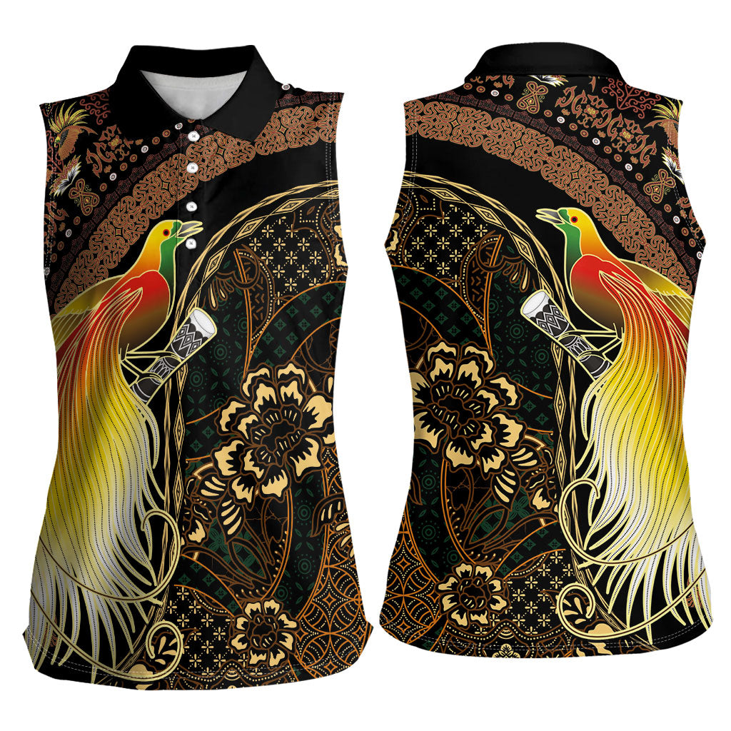 Papua New Guinea and Indonesia Batik Women Sleeveless Polo Shirt Bird of Paradise with Tribal Batik Patterns