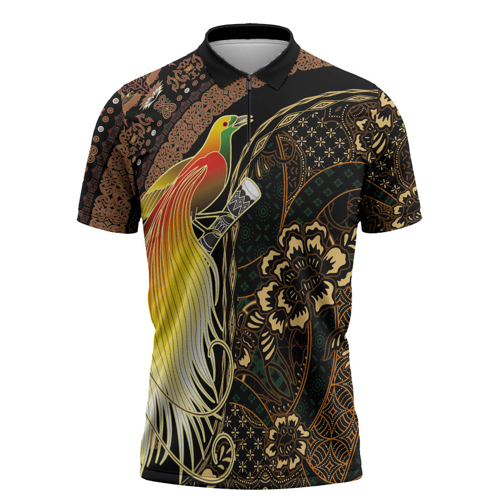 Papua New Guinea and Indonesia Batik Zipper Polo Shirt Bird of Paradise with Tribal Batik Patterns