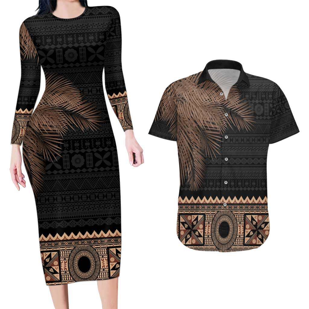 Fiji Palm Leaves Couples Matching Long Sleeve Bodycon Dress and Hawaiian Shirt Masi and Tapa Tribal Pattern Beige Color