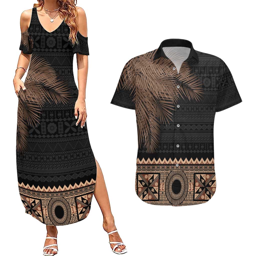 Fiji Palm Leaves Couples Matching Summer Maxi Dress and Hawaiian Shirt Masi and Tapa Tribal Pattern Beige Color