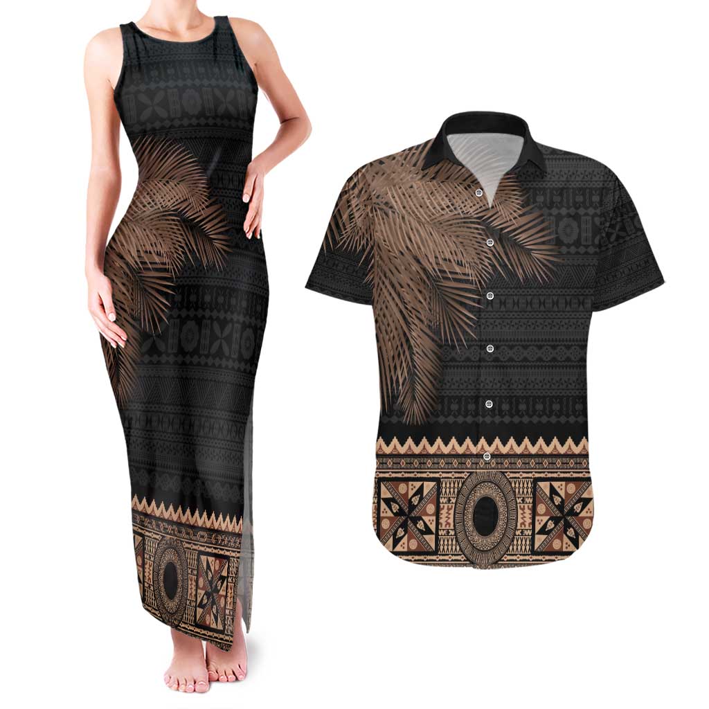 Fiji Palm Leaves Couples Matching Tank Maxi Dress and Hawaiian Shirt Masi and Tapa Tribal Pattern Beige Color