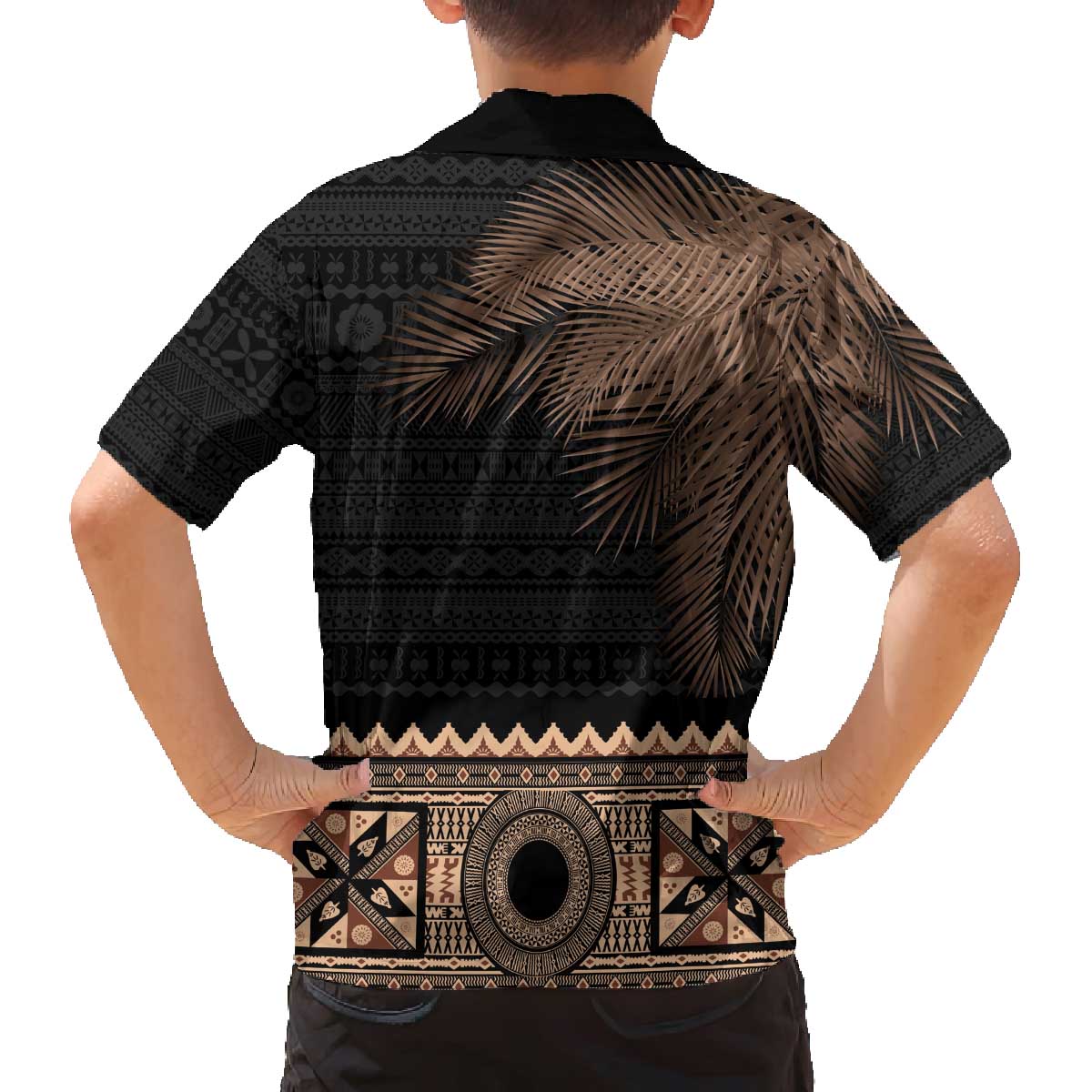 Fiji Palm Leaves Family Matching Off Shoulder Short Dress and Hawaiian Shirt Masi and Tapa Tribal Pattern Beige Color