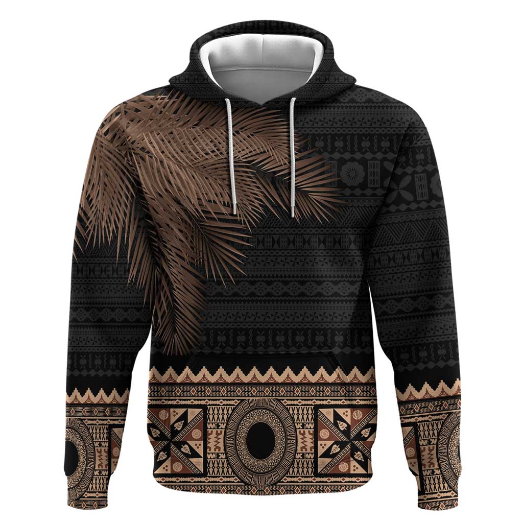 Fiji Palm Leaves Hoodie Masi and Tapa Tribal Pattern Beige Color