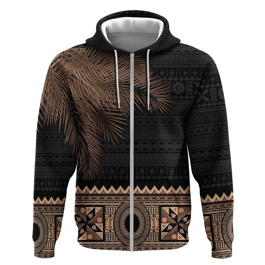 Fiji Palm Leaves Hoodie Masi and Tapa Tribal Pattern Beige Color