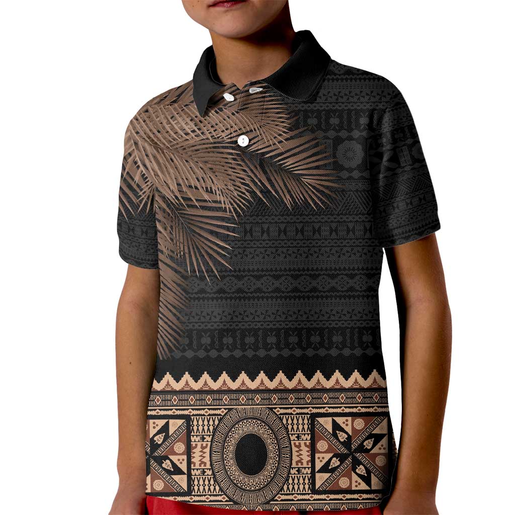 Fiji Palm Leaves Kid Polo Shirt Masi and Tapa Tribal Pattern Beige Color