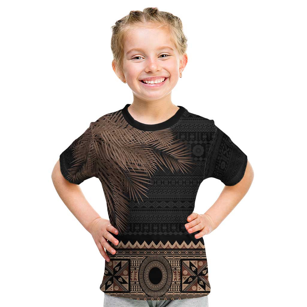 Fiji Palm Leaves Kid T Shirt Masi and Tapa Tribal Pattern Beige Color