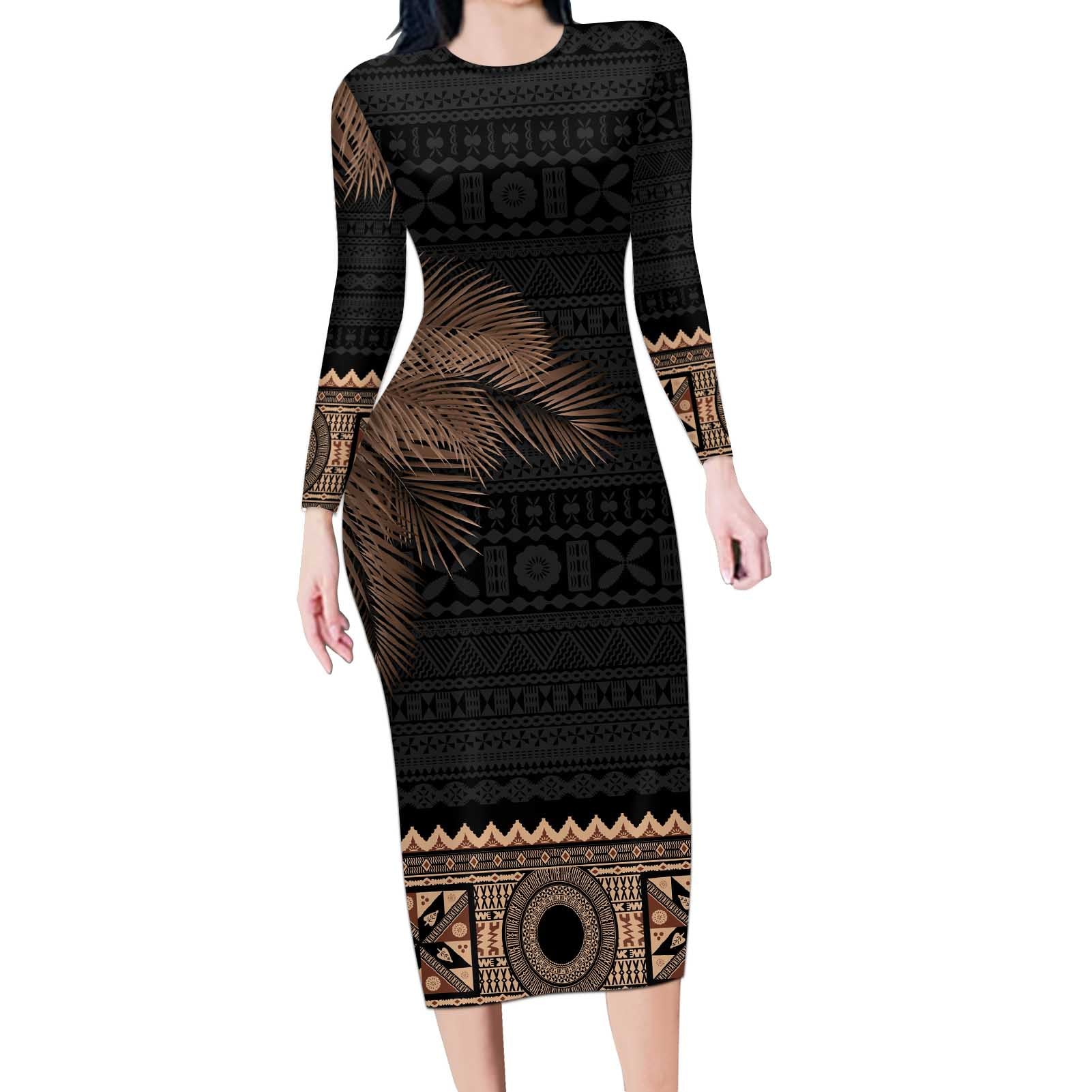 Fiji Palm Leaves Long Sleeve Bodycon Dress Masi and Tapa Tribal Pattern Beige Color