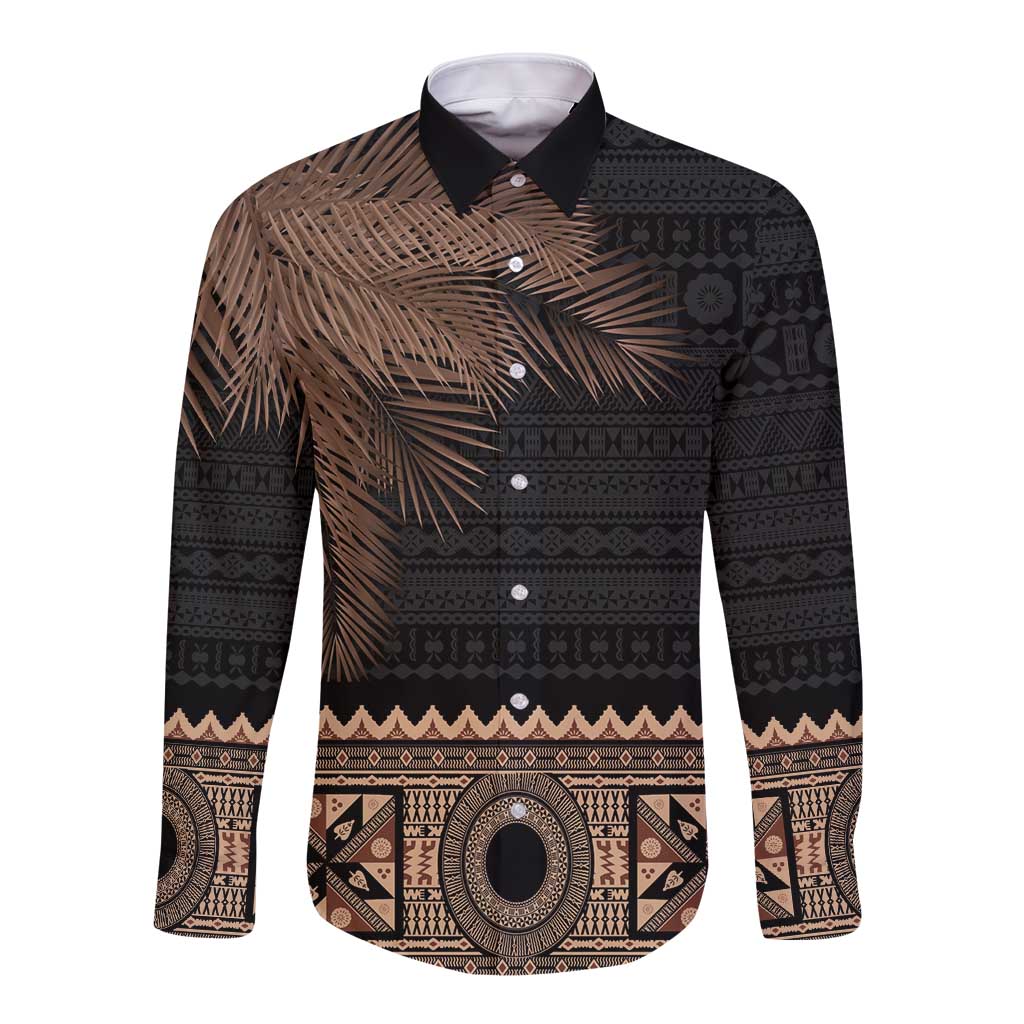 Fiji Palm Leaves Long Sleeve Button Shirt Masi and Tapa Tribal Pattern Beige Color