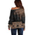 Fiji Palm Leaves Off Shoulder Sweater Masi and Tapa Tribal Pattern Beige Color