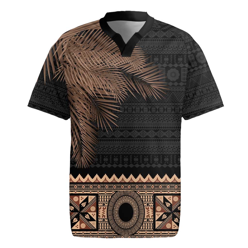 Fiji Palm Leaves Rugby Jersey Masi and Tapa Tribal Pattern Beige Color