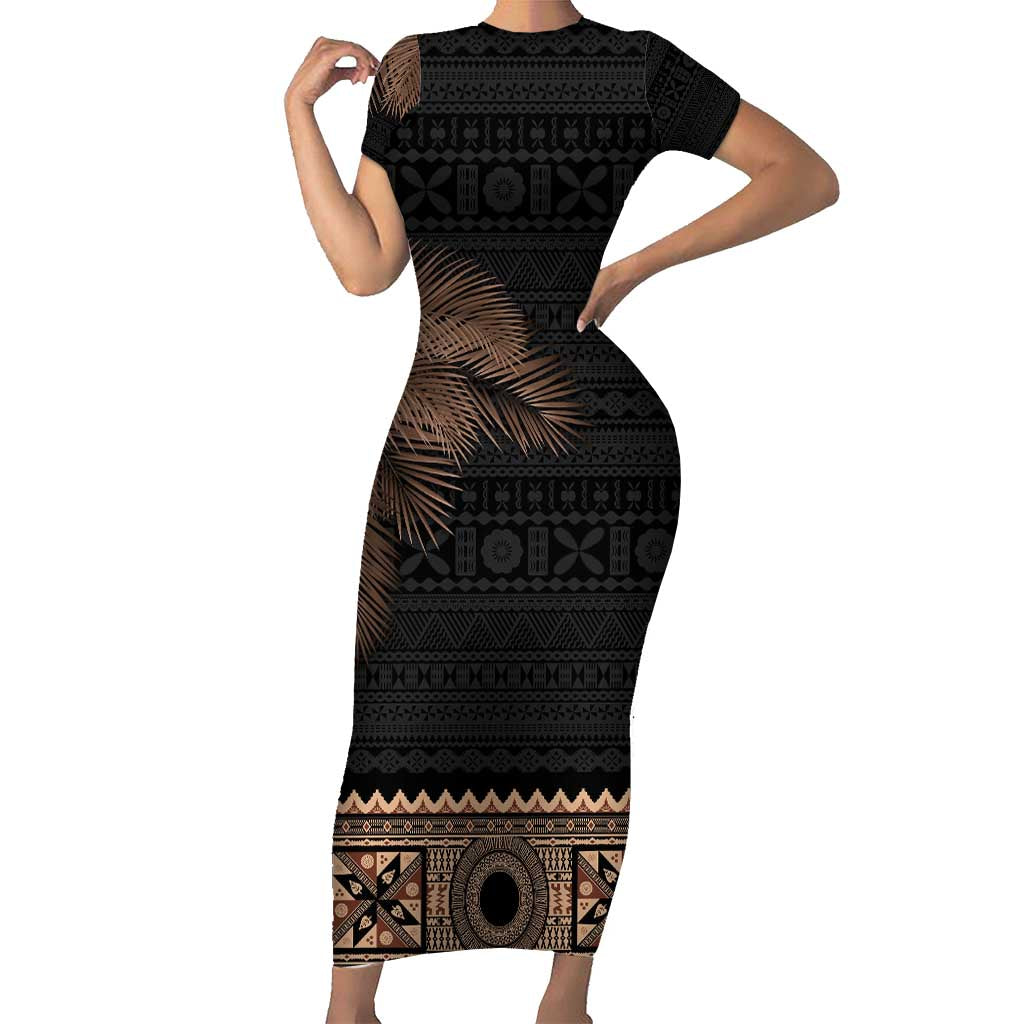 Fiji Palm Leaves Short Sleeve Bodycon Dress Masi and Tapa Tribal Pattern Beige Color