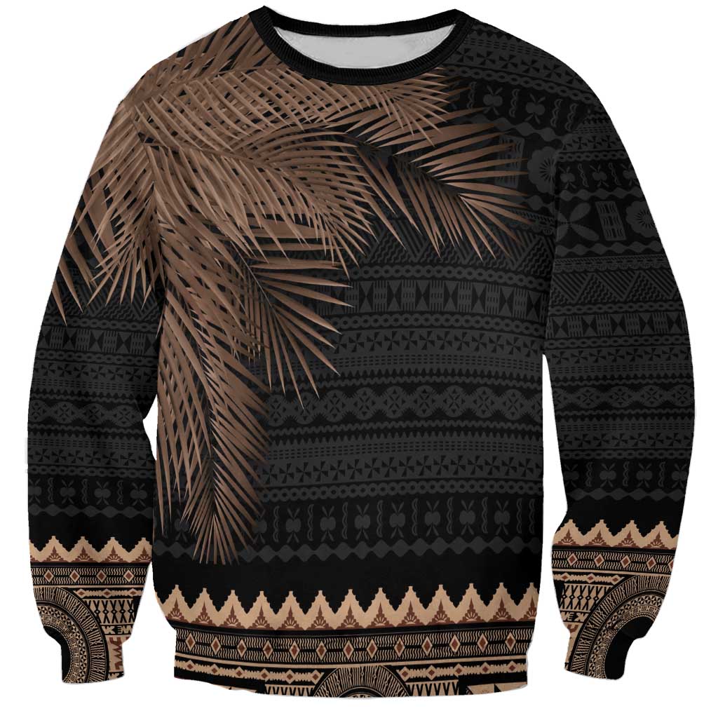 Fiji Palm Leaves Sweatshirt Masi and Tapa Tribal Pattern Beige Color