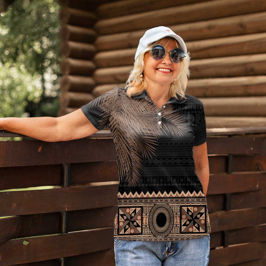 Fiji Palm Leaves Women Polo Shirt Masi and Tapa Tribal Pattern Beige Color