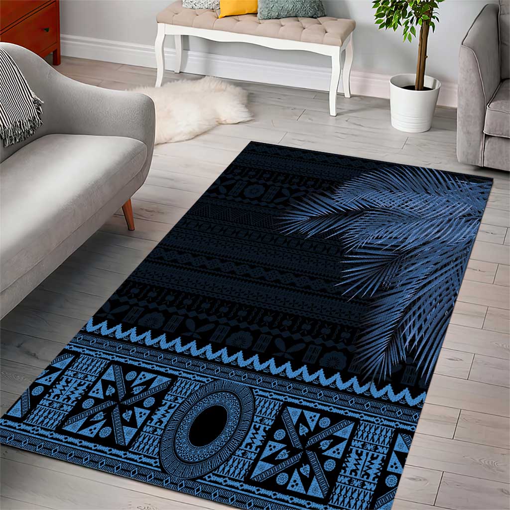 Fiji Palm Leaves Area Rug Masi and Tapa Tribal Pattern Blue Color